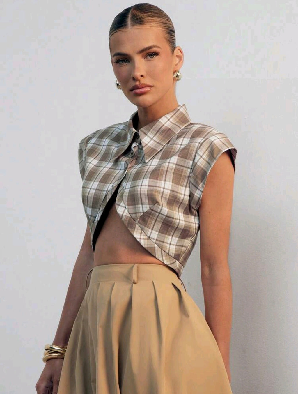 Plaid Collared Crop Top UK-6