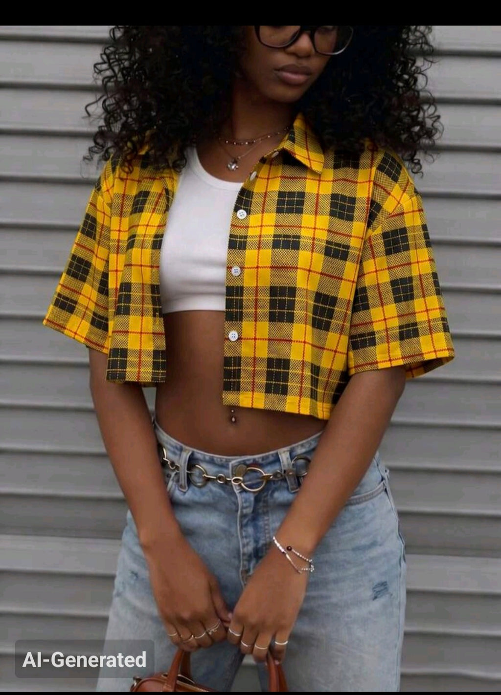 Retro Yellow Plaid Button Down Crop UK-16