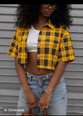 Retro Yellow Plaid Button Down Crop UK-16
