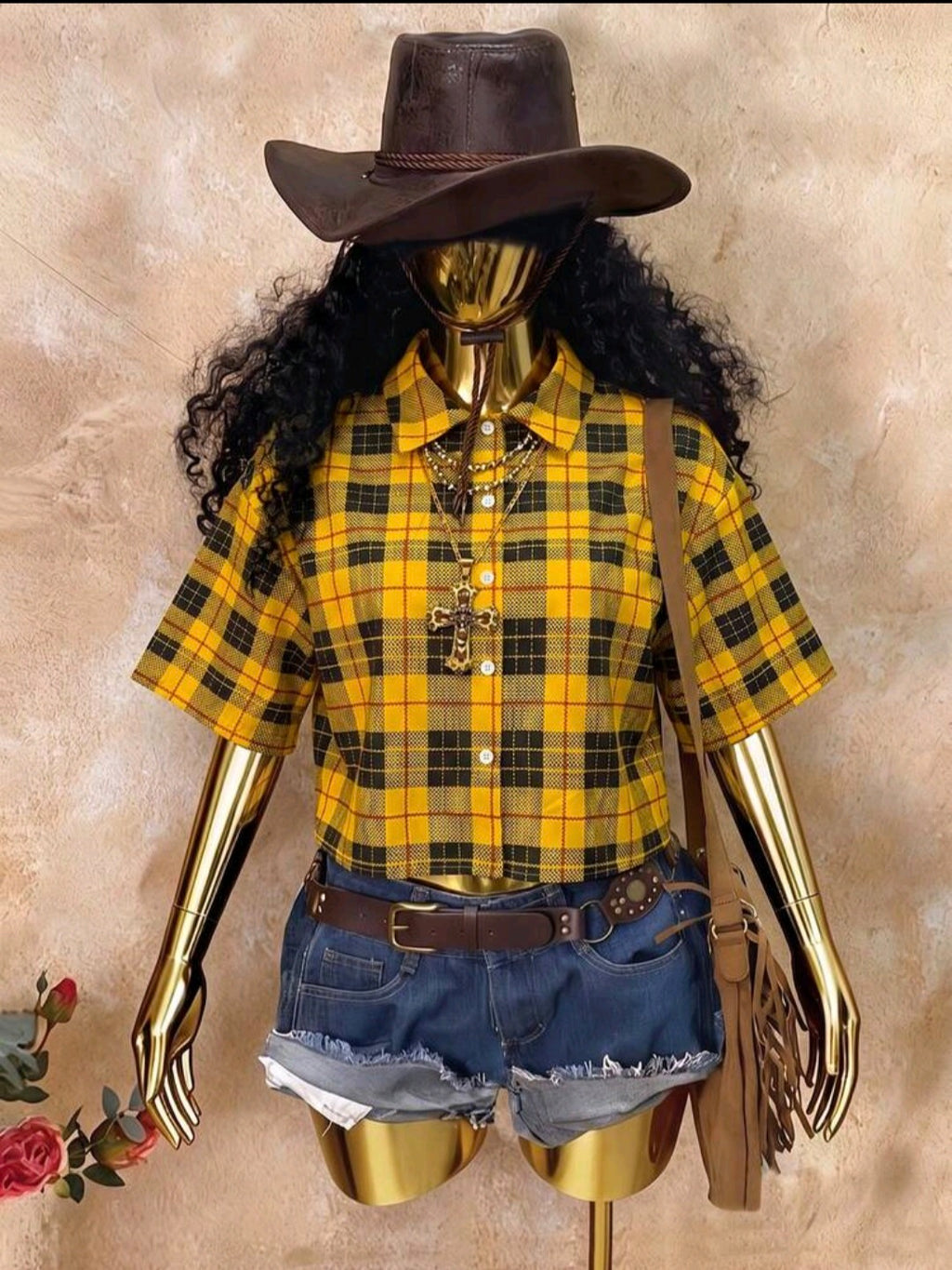 Retro Yellow Plaid Button Down Crop UK-16