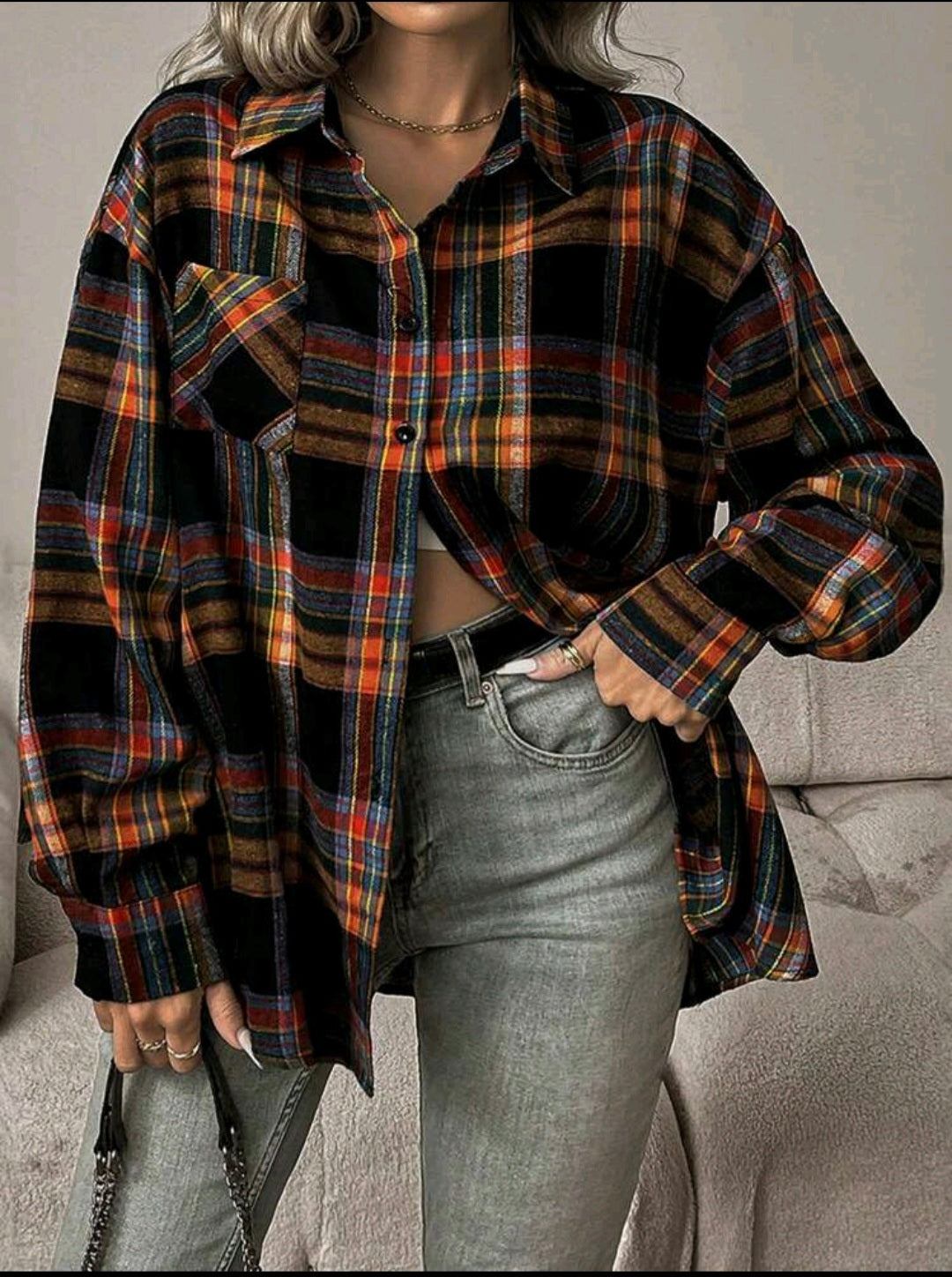 80s Loose Plaid Shirt UK-18