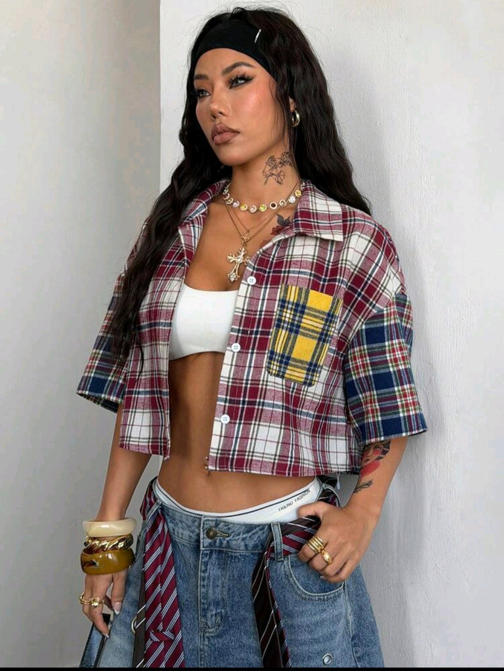 Multi Color Plaid Button Down Crop UK-8