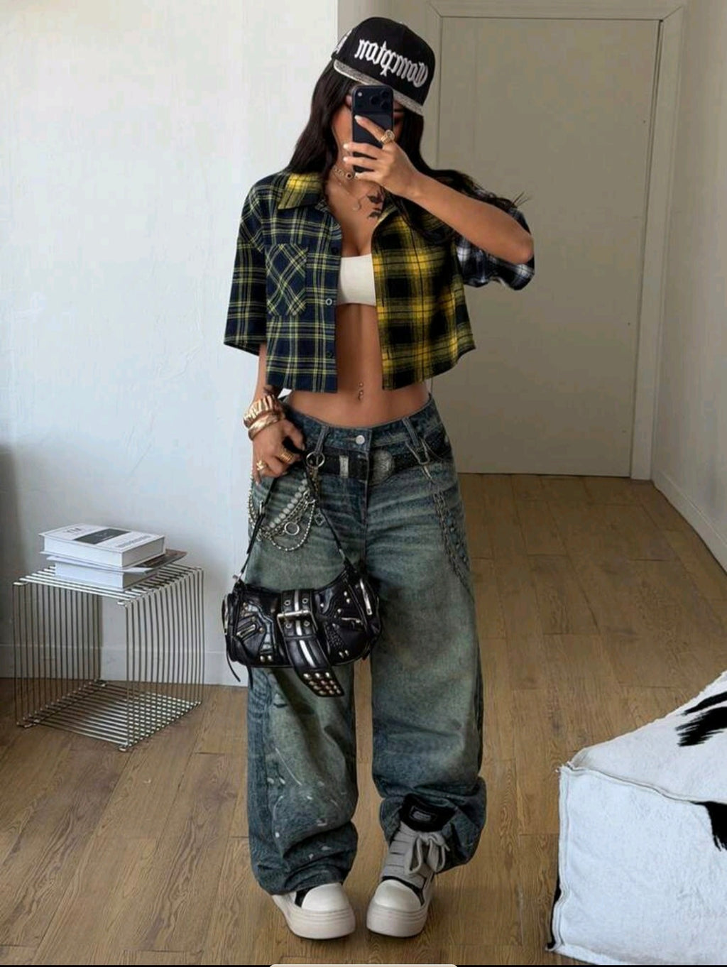 Multi Color Plaid Button Down Crop UK-16