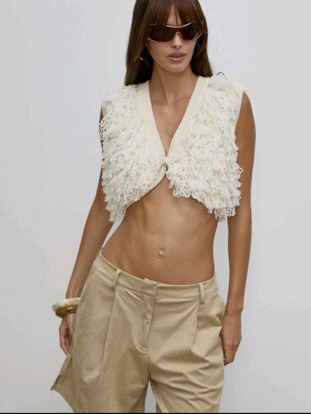 Shaggy Knit V-Neck Cropped Sweater UK12/14