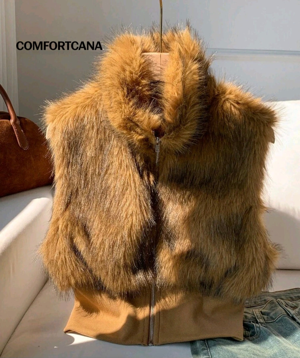 Camel Vintage Faux Fur Vest UK-6