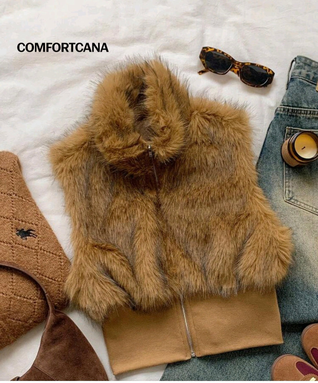 Camel Vintage Faux Fur Vest UK-6