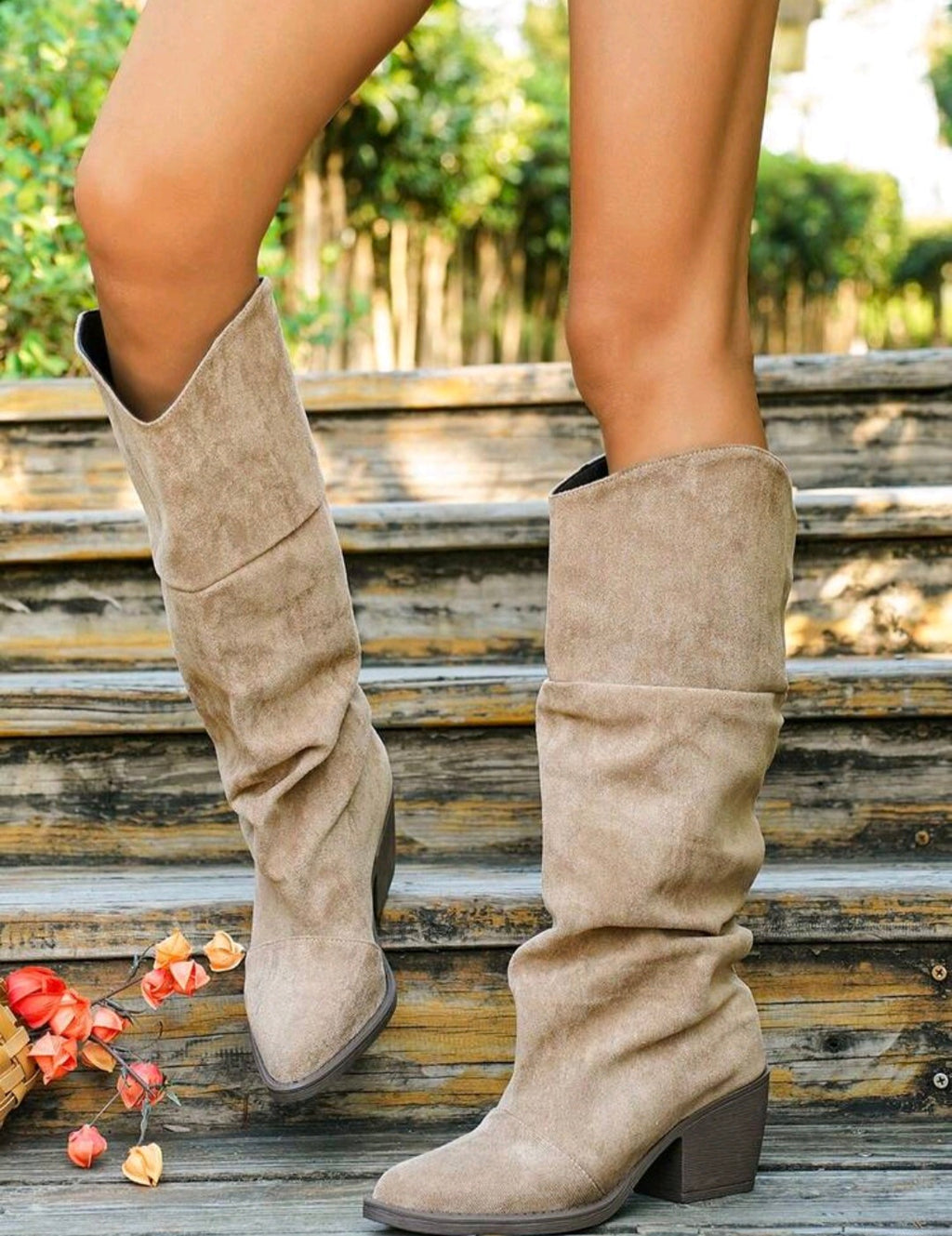 Khaki Colored Velvet Ruched Knee Boots UK-7.5