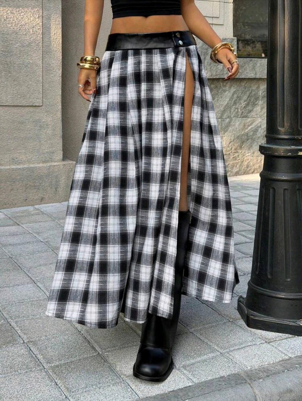 Plaid Slit Midi Skirt — UK 8