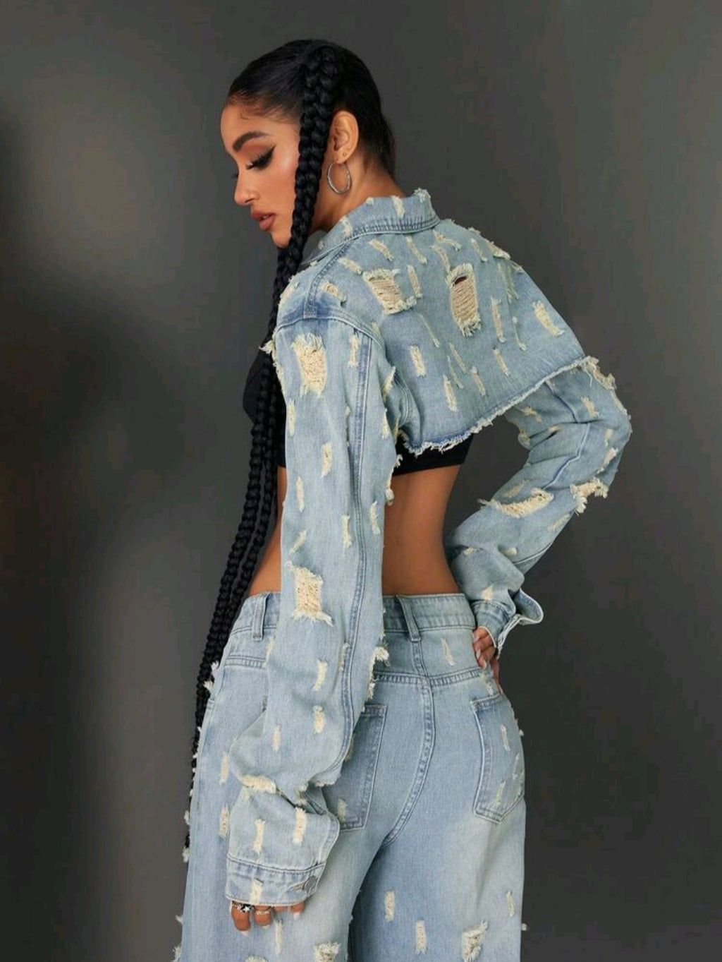 Distressed Denim Crop Jacket — UK 8