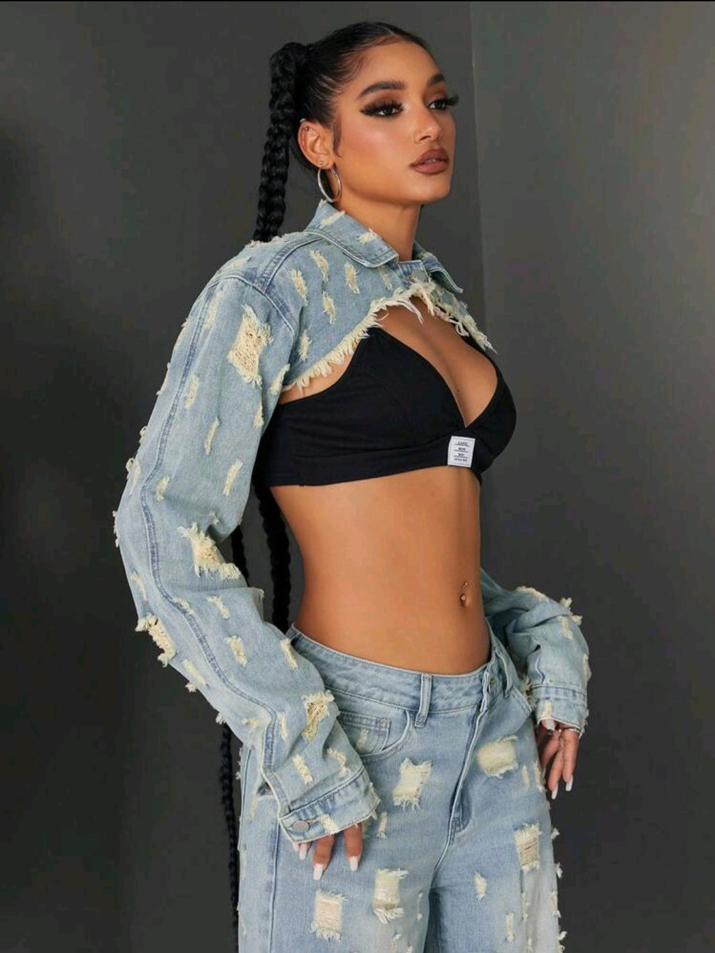 Distressed Denim Crop Jacket — UK 8
