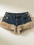 Fur Trim Denim Hot Pants — XS/S