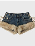 Fur Trim Denim Hot Pants — L/XL