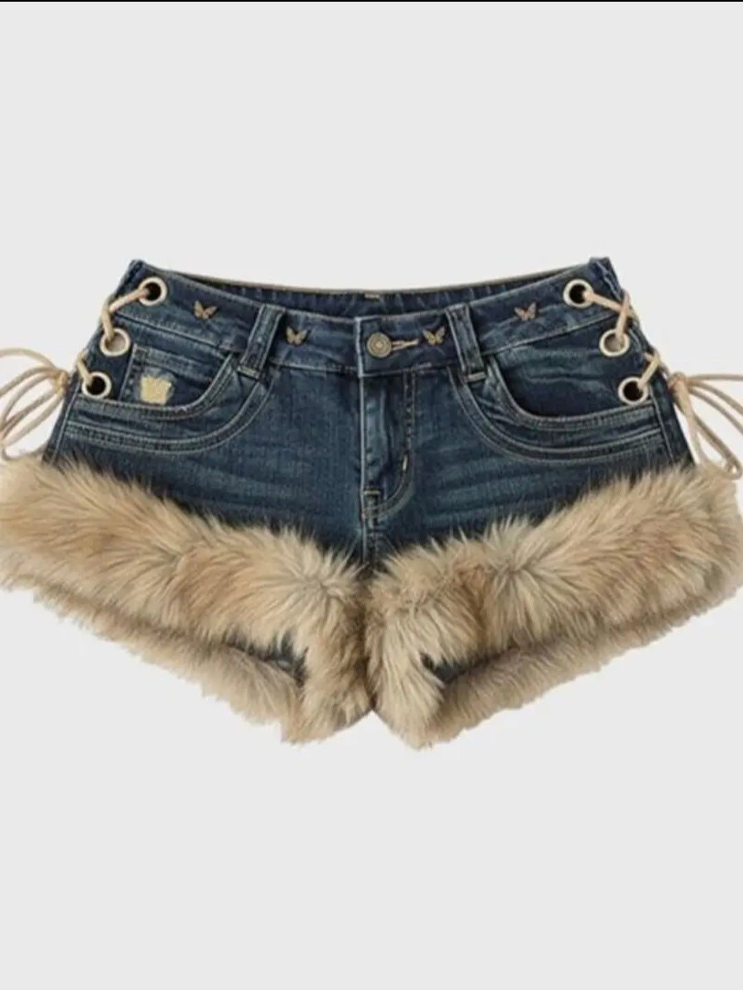 Fur Trim Denim Hot Pants — L/XL