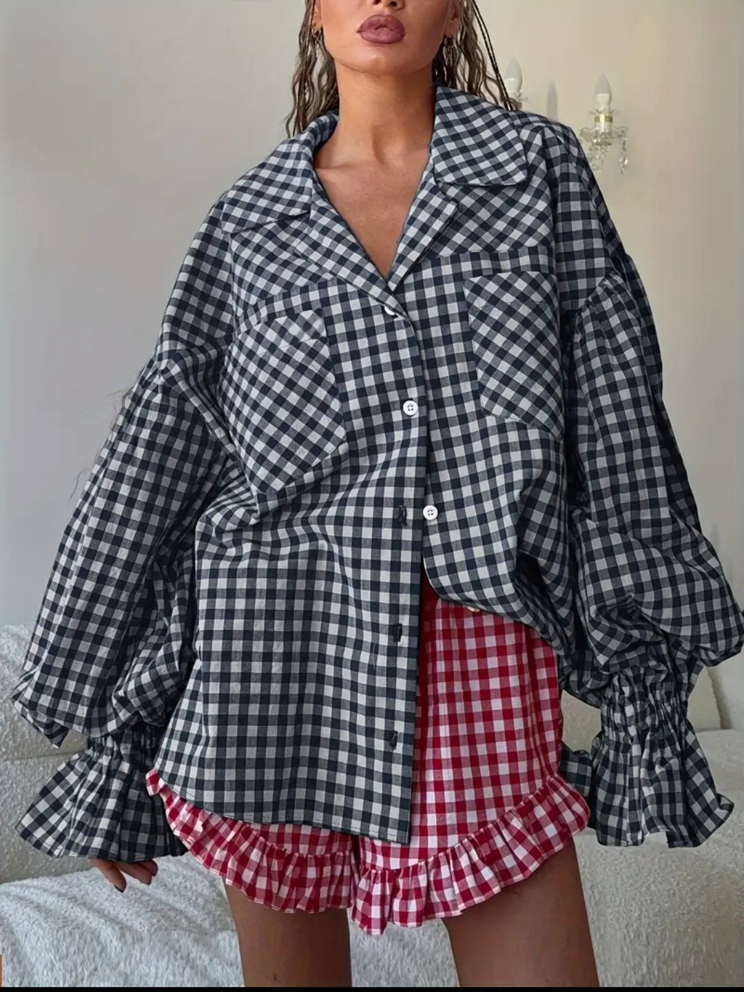 Checked Puff Sleeve Blouse — UK 12/14