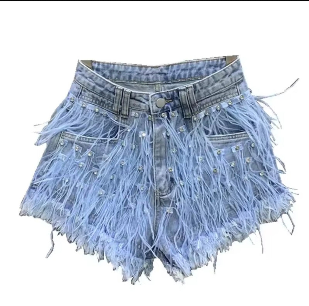 Diamond Tassel Denim Hot Pants — L