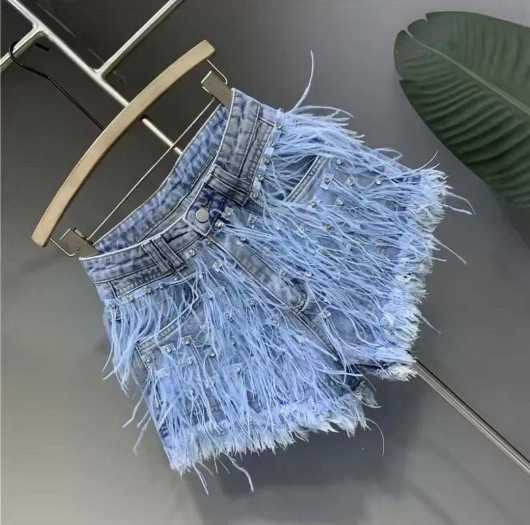 Diamond Tassel Denim Hot Pants — L