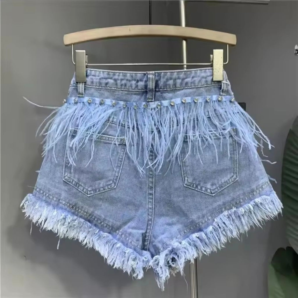 Diamond Tassel Denim Hot Pants — L
