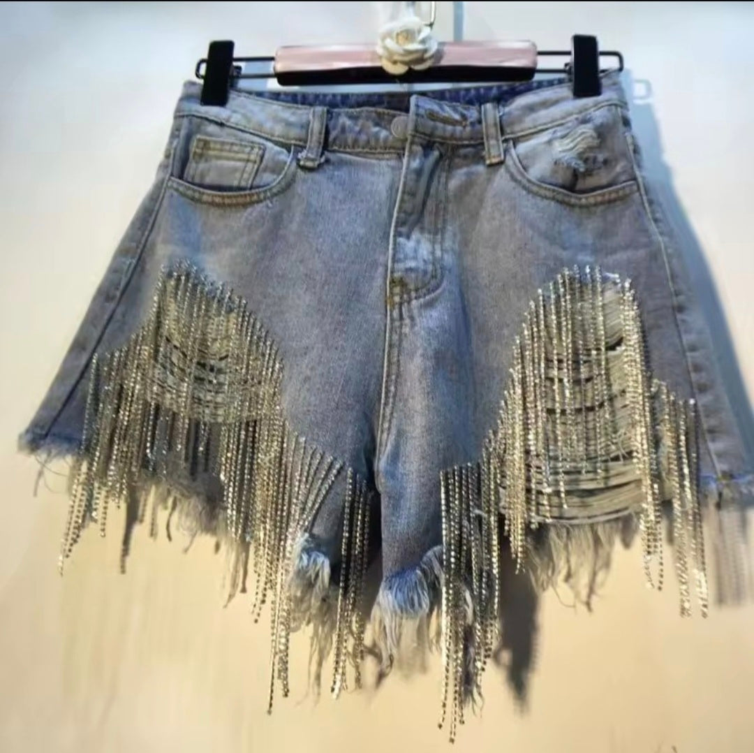 Diamond Fringe Denim Shorts — UK 18