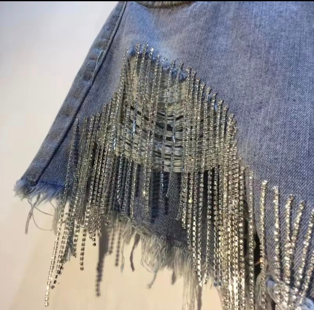 Diamond Fringe Denim Shorts — UK 18