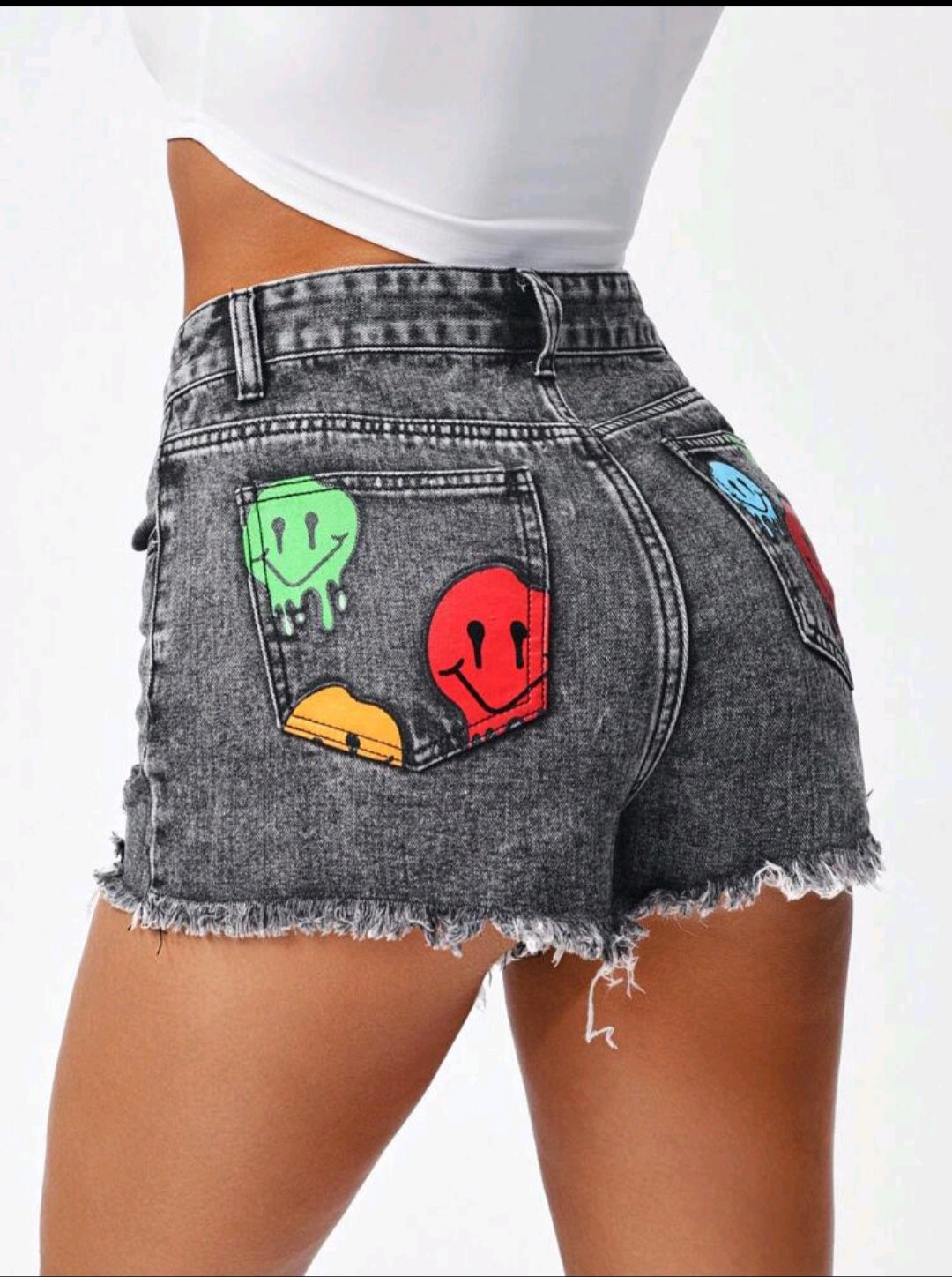 Smiley Frayed Denim Shorts — UK 6