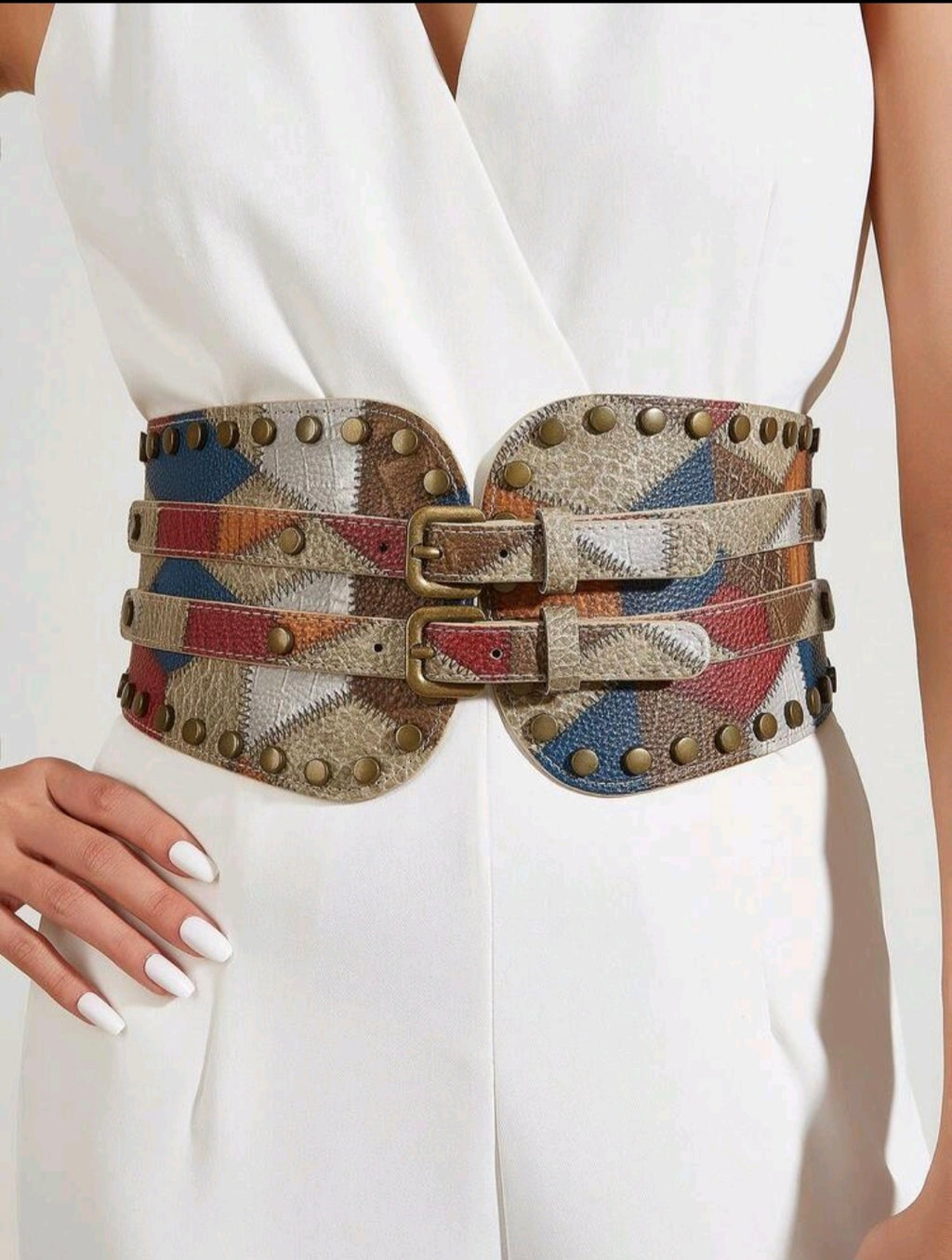 Studded Patchwork Western Belt — M