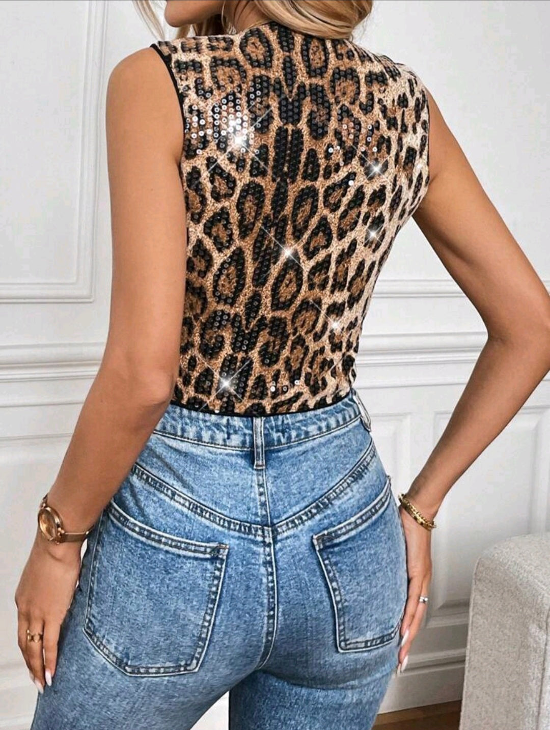 Leopard Sequin Tank Top — UK 10