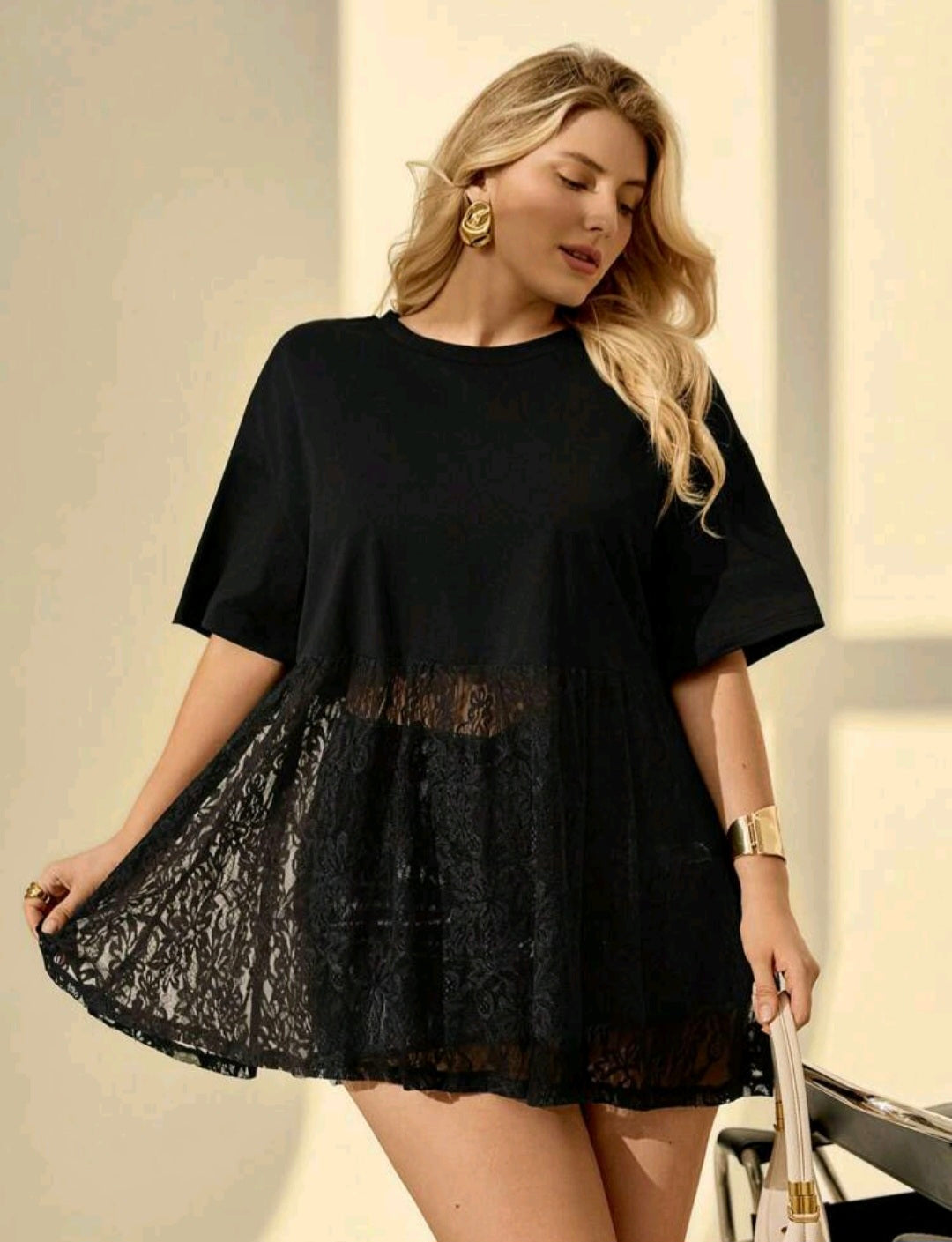 Black Lace Contrast Tee — UK 18