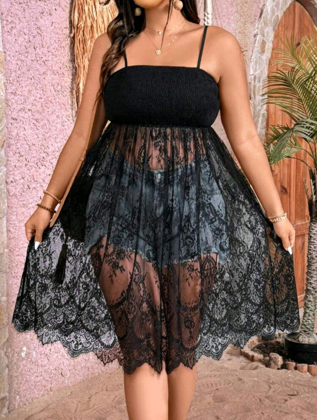 Black Lace Spaghetti Dress — UK 18