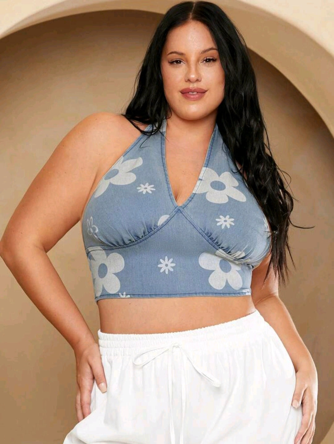 Flowered Denim Halter Top — UK 16
