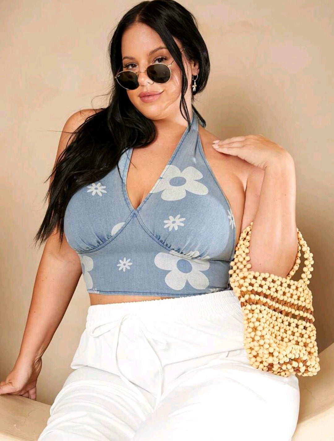 Flowered Denim Halter Top — UK 16 (B)