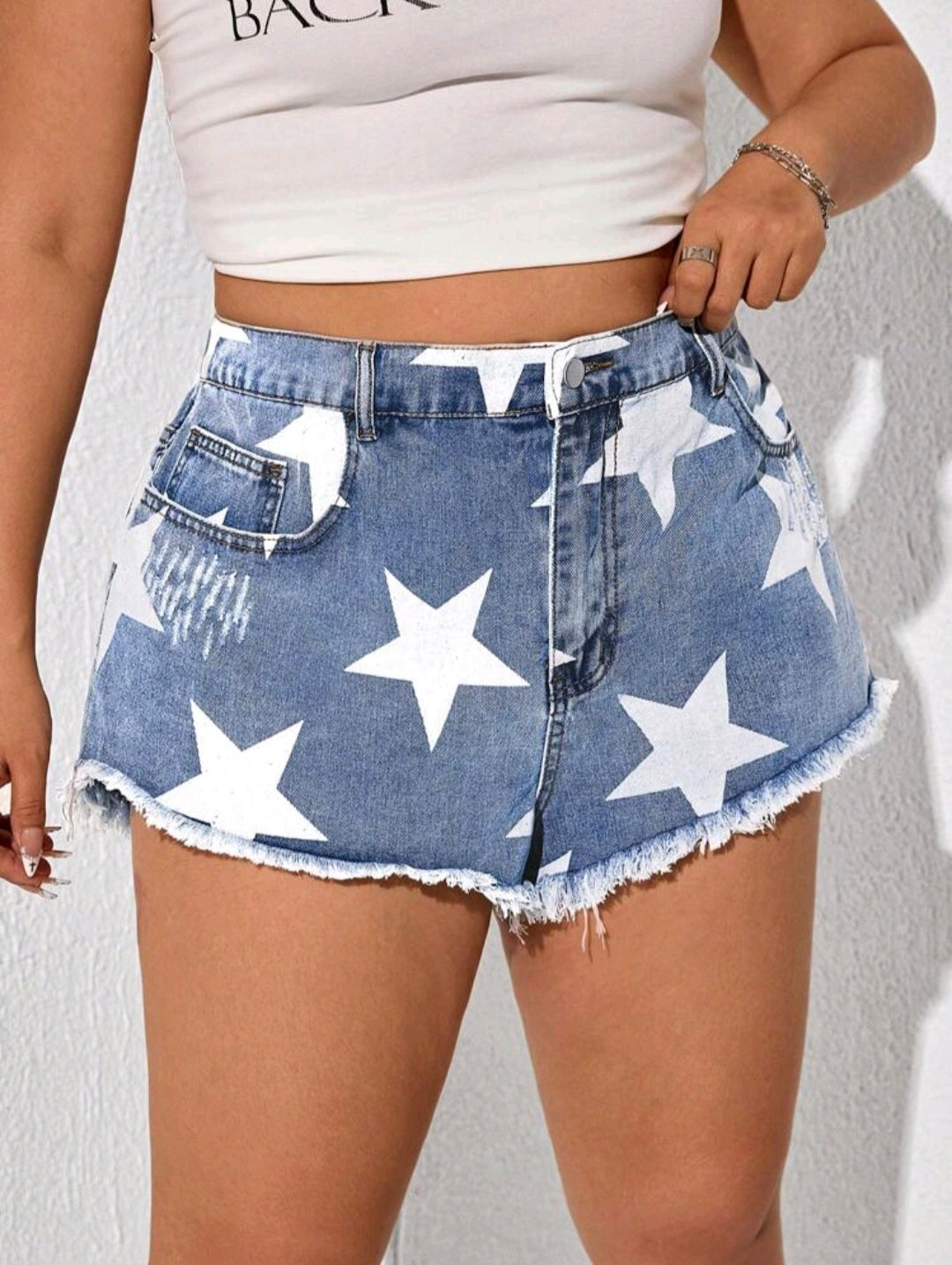 Star Print Denim Shorts — UK 16