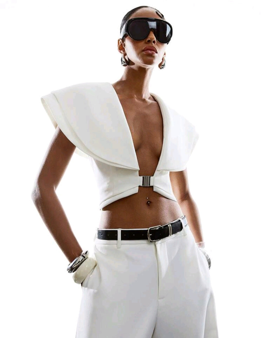 White Deep V Double Layer Blouse — UK 10