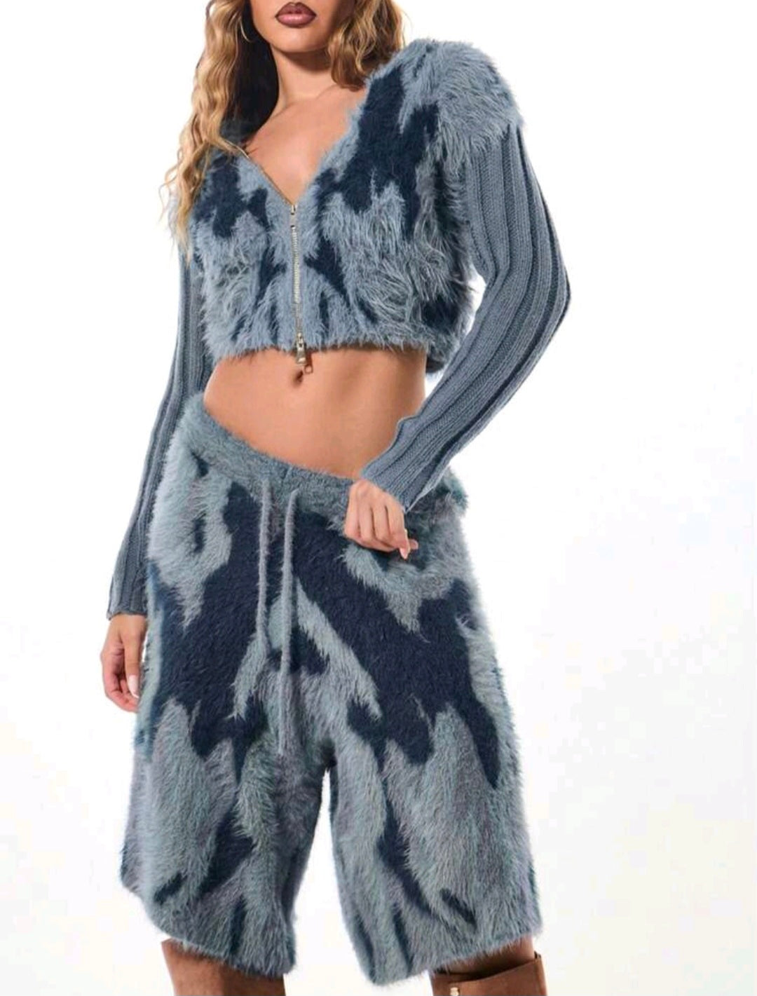 Blue Camo Fluffy Bermuda Shorts — UK 12/14