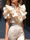 Cream Deep V Ruffle Shirt — UK 12/14