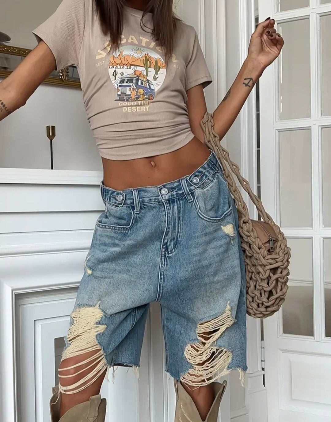 Distressed Denim Bermuda Shorts — UK 10