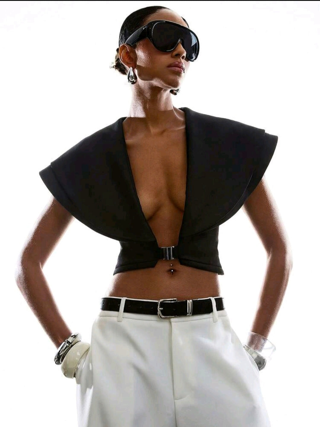 Black Deep V Silver Clasp Blouse — UK 12/14