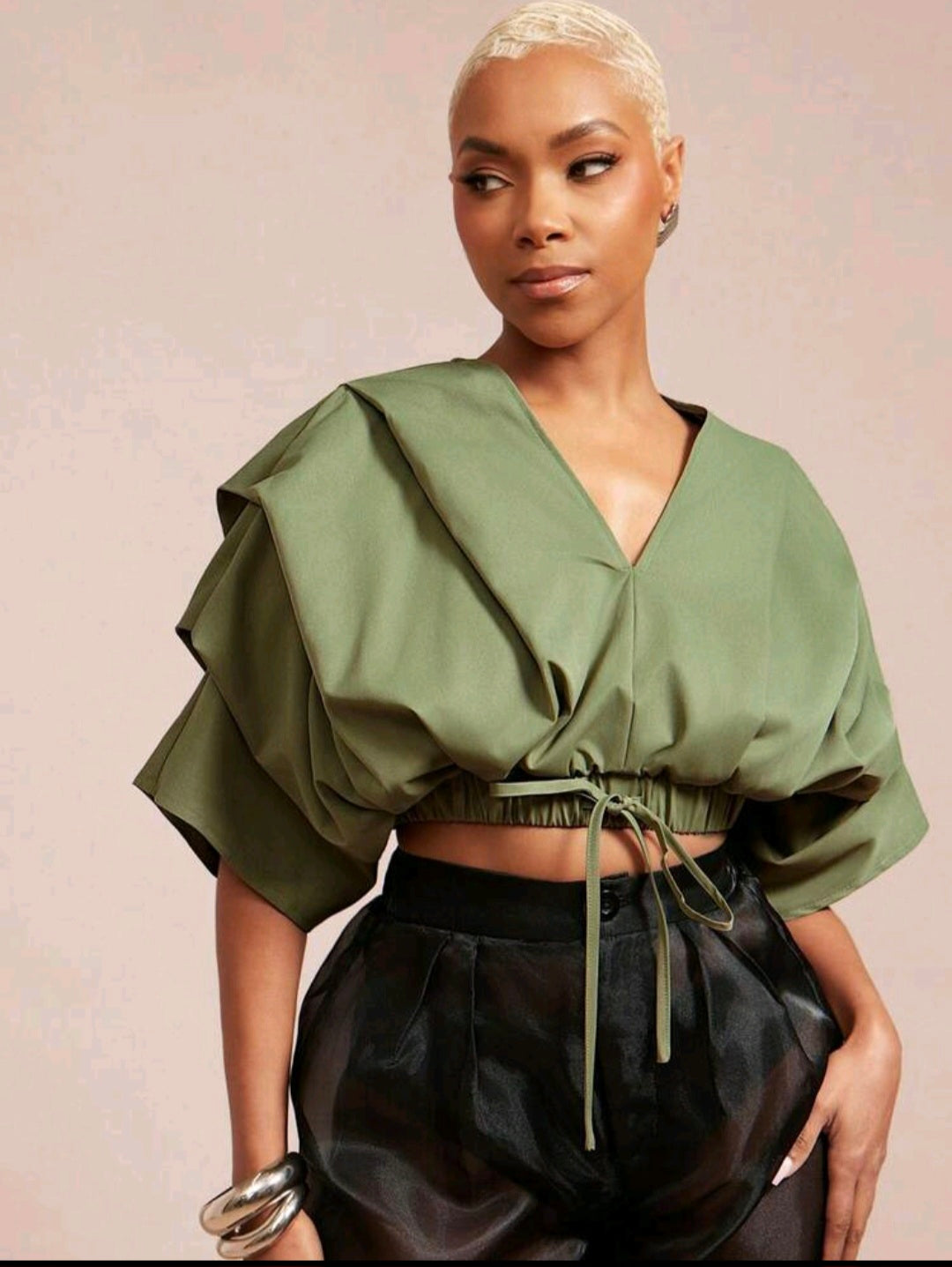 Vixey Pleated Crop Blouse — Olive, UK 10