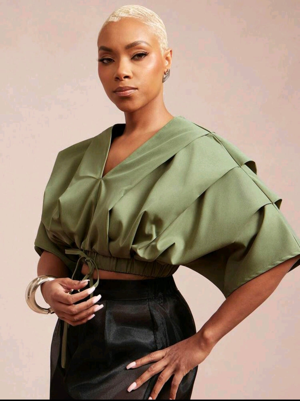 Vixey Pleated Crop Blouse — Olive, UK 16