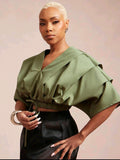 Vixey Pleated Crop Blouse — Olive, UK 16