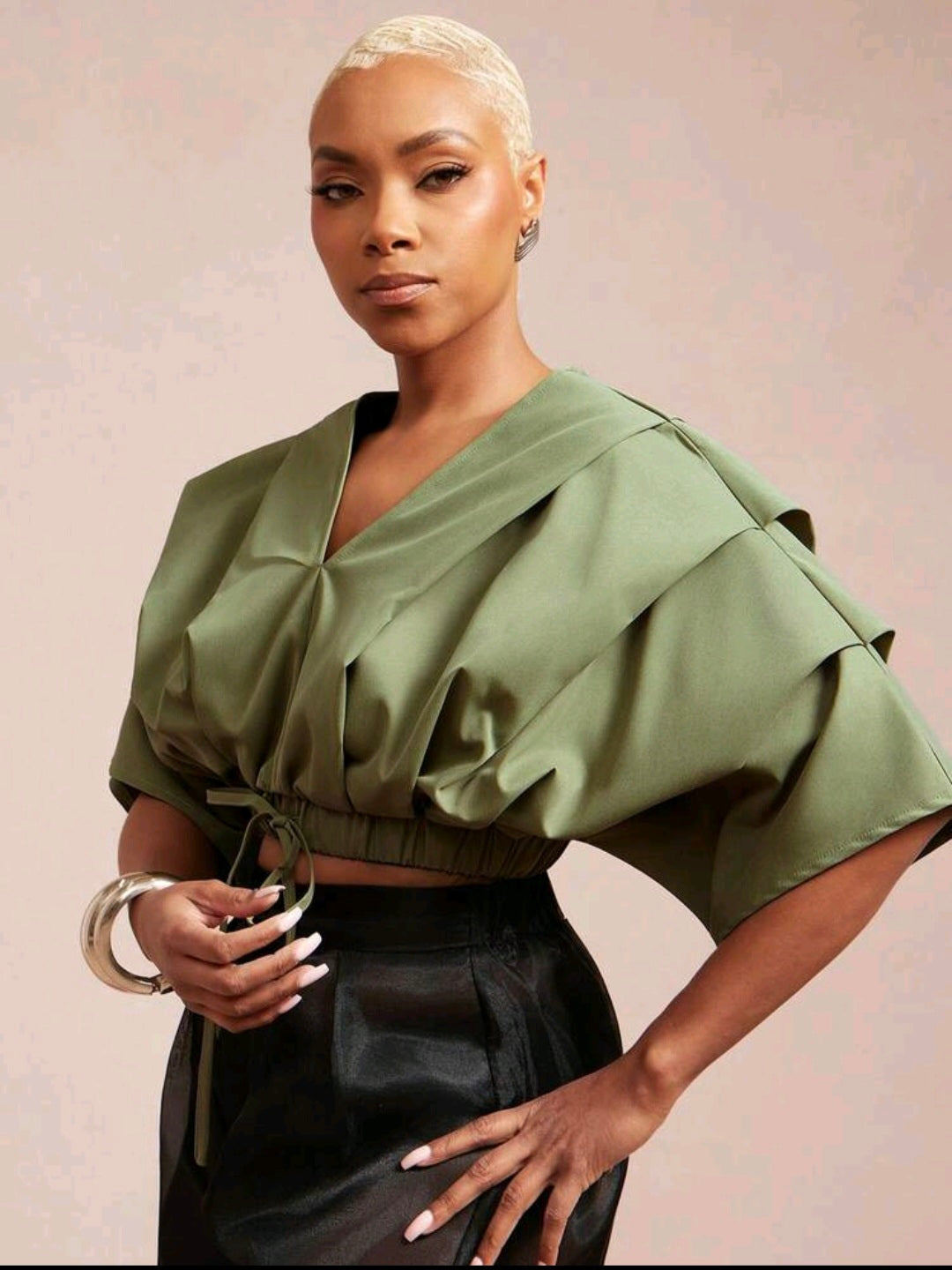 Vixey Pleated Crop Blouse — Olive, UK 16