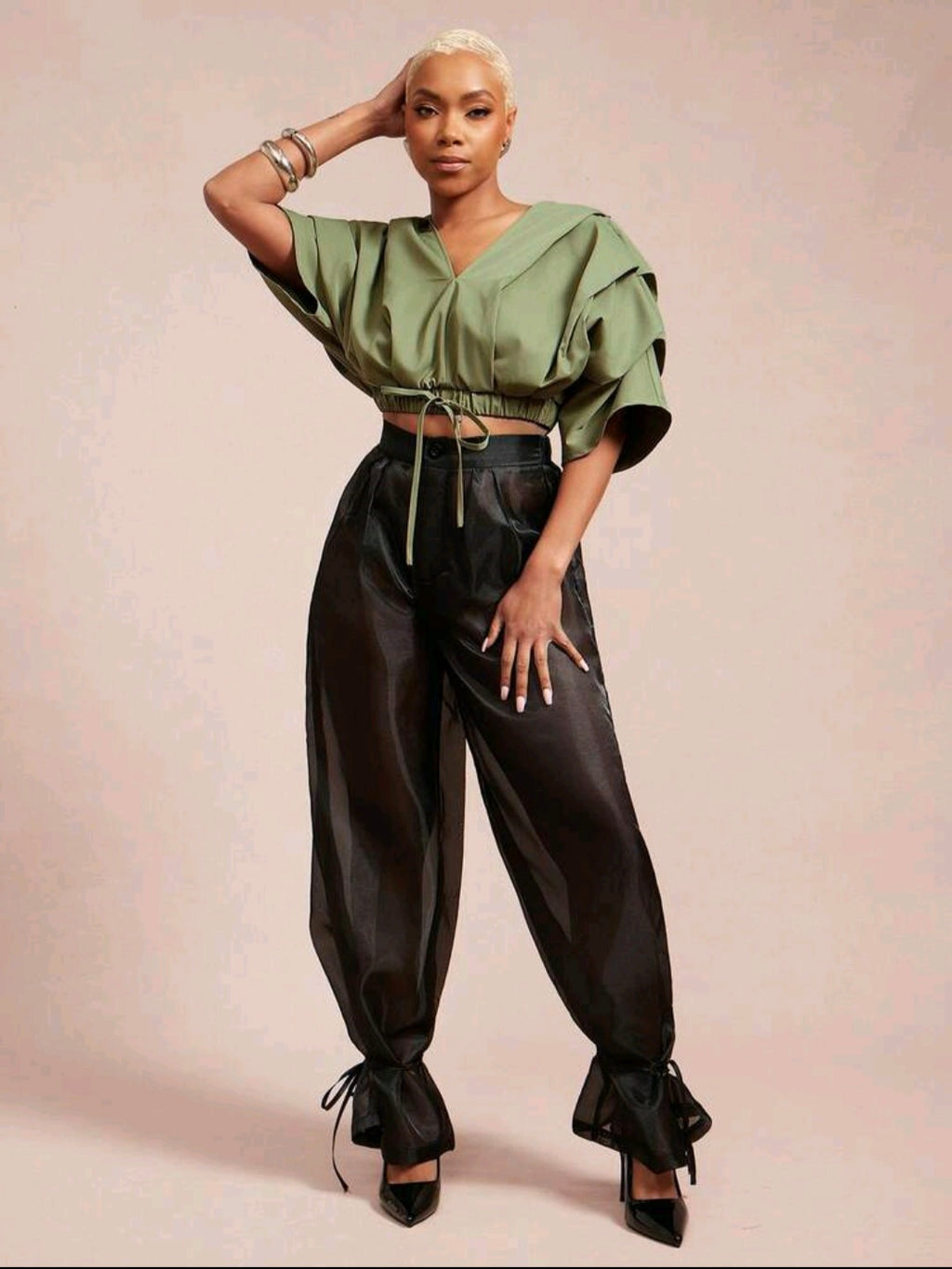 Vixey Pleated Crop Blouse — Olive, UK 16