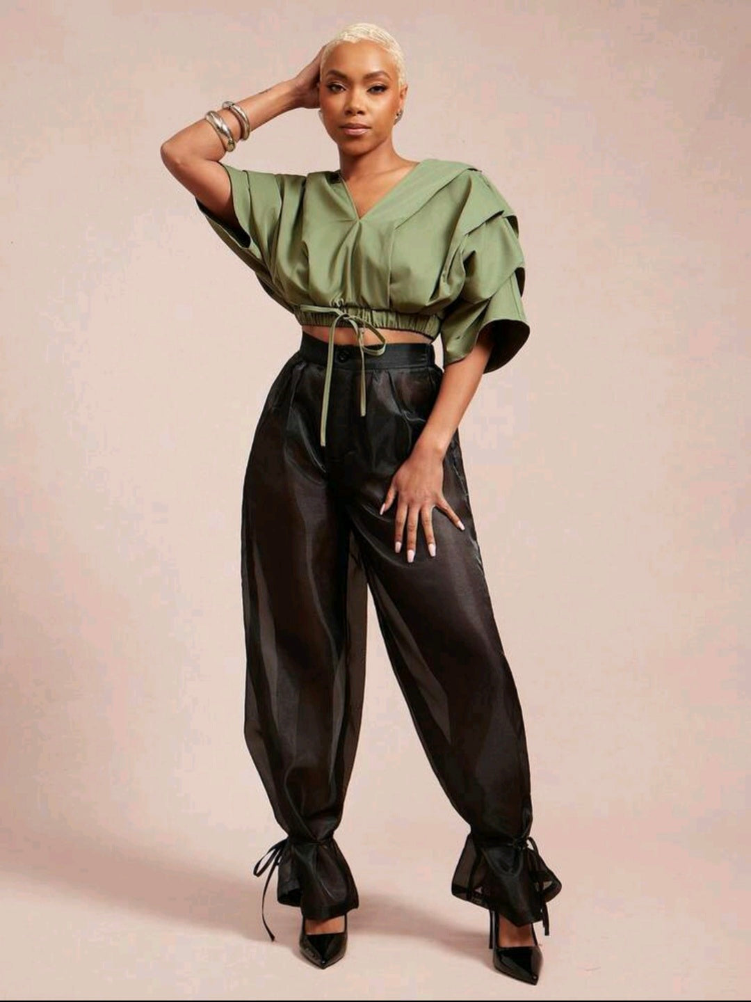 Vixey Pleated Crop Blouse — Olive, UK 16