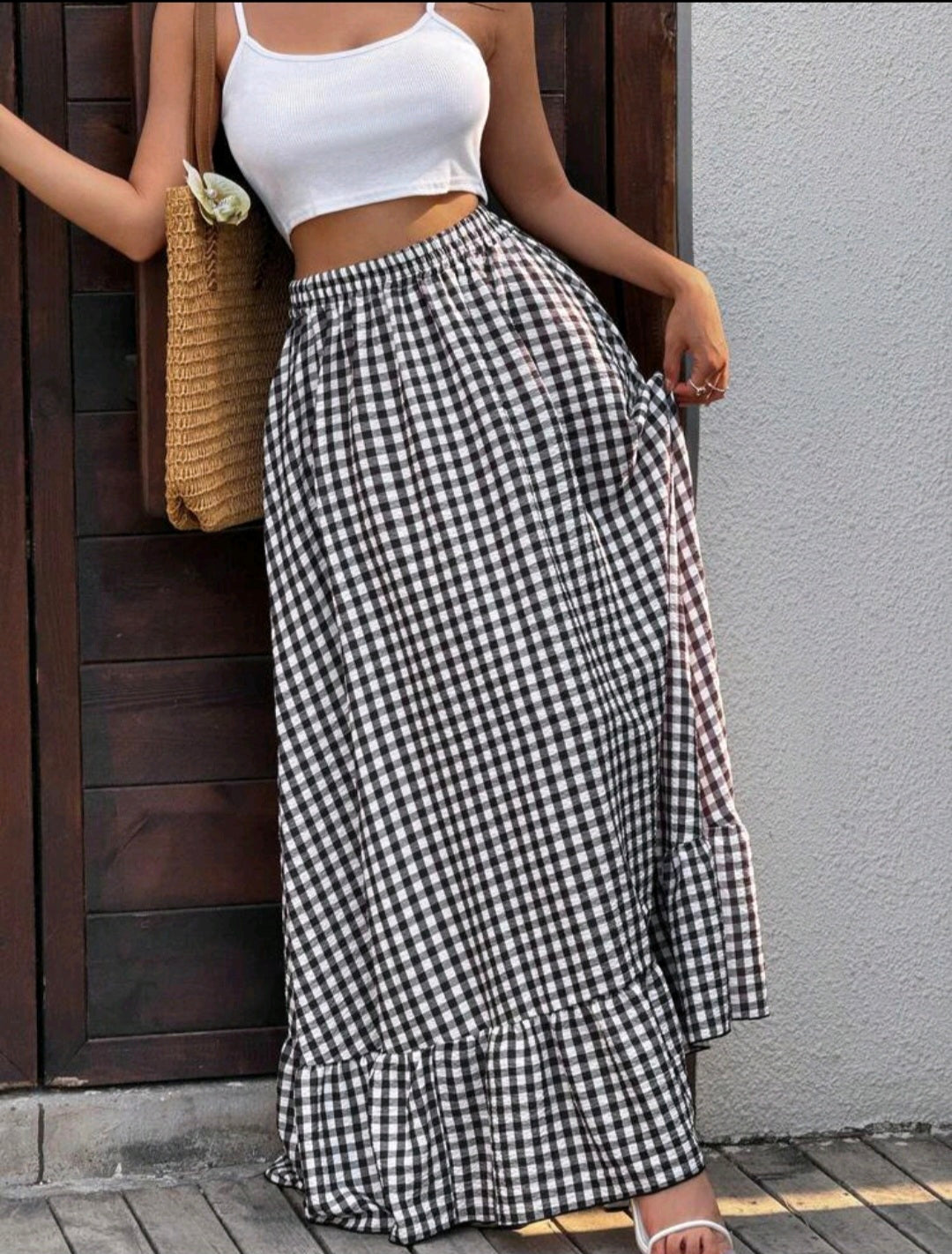B&W Plaid A-Line Maxi Skirt — UK 10