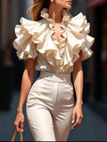 Cream Deep V Ruffle Blouse — UK 16