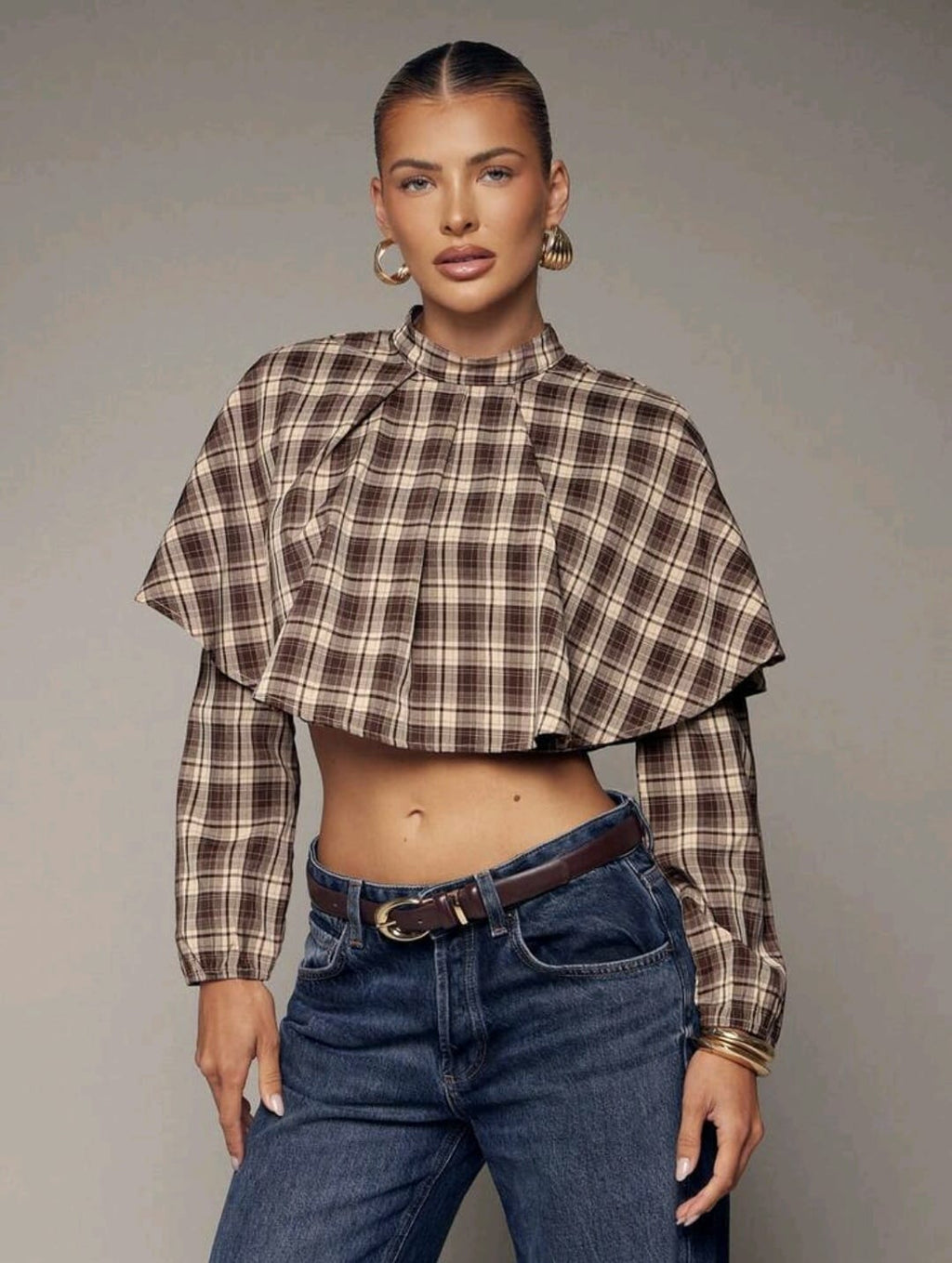 Plaid Crop Cape With Long Sleeves UK-10