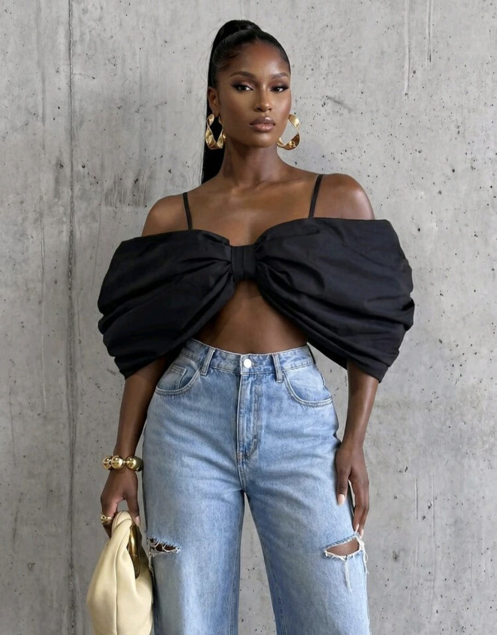 Black Big Bow Cropped Top UK-12/14