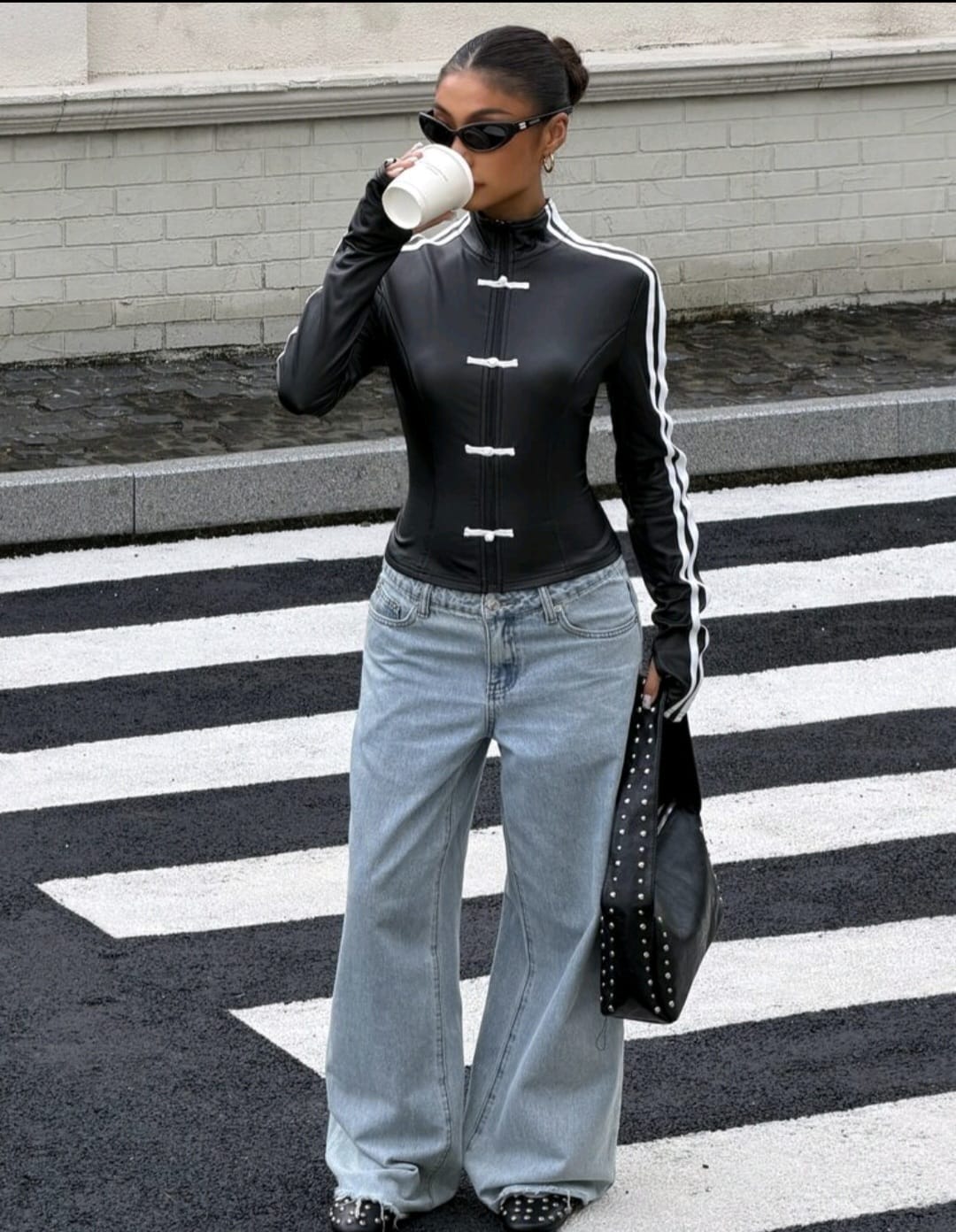 Faux Leather Sports Jacket With White Trim UK-8