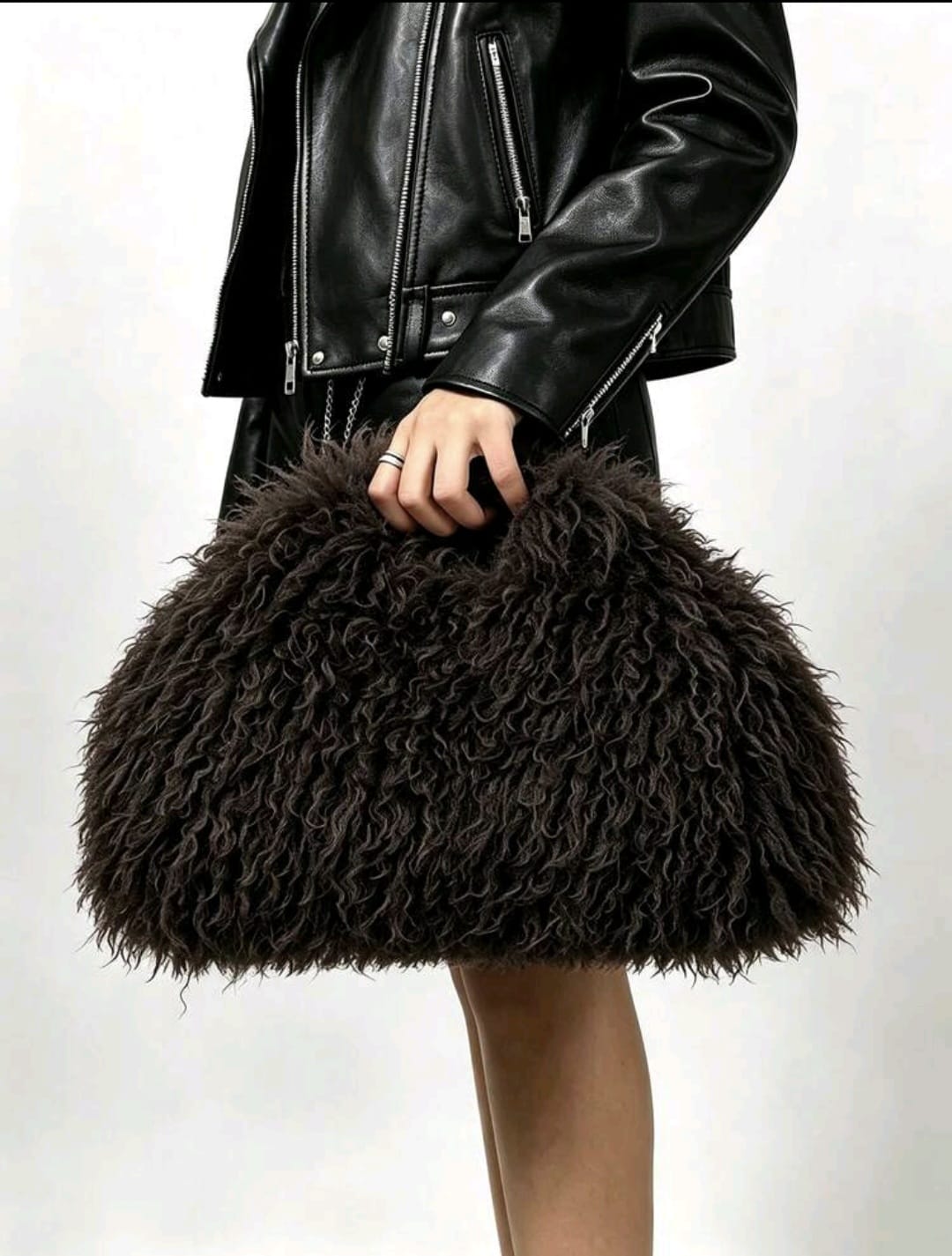 Large Brown Faux Fur Clutch Bag