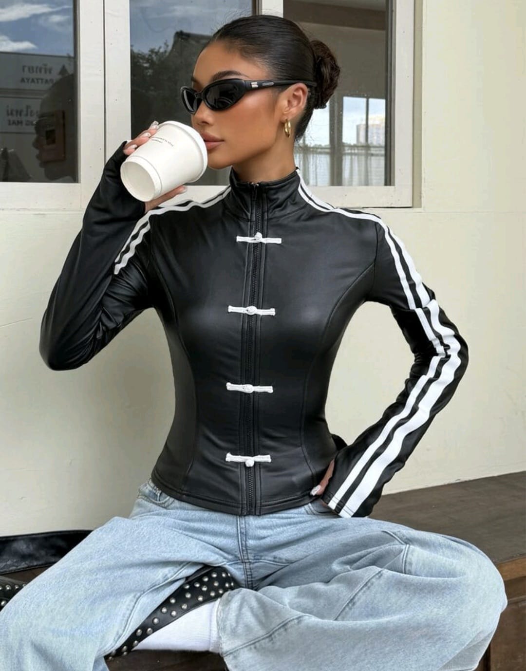Faux Leather Sports Jacket With White Trim UK-16