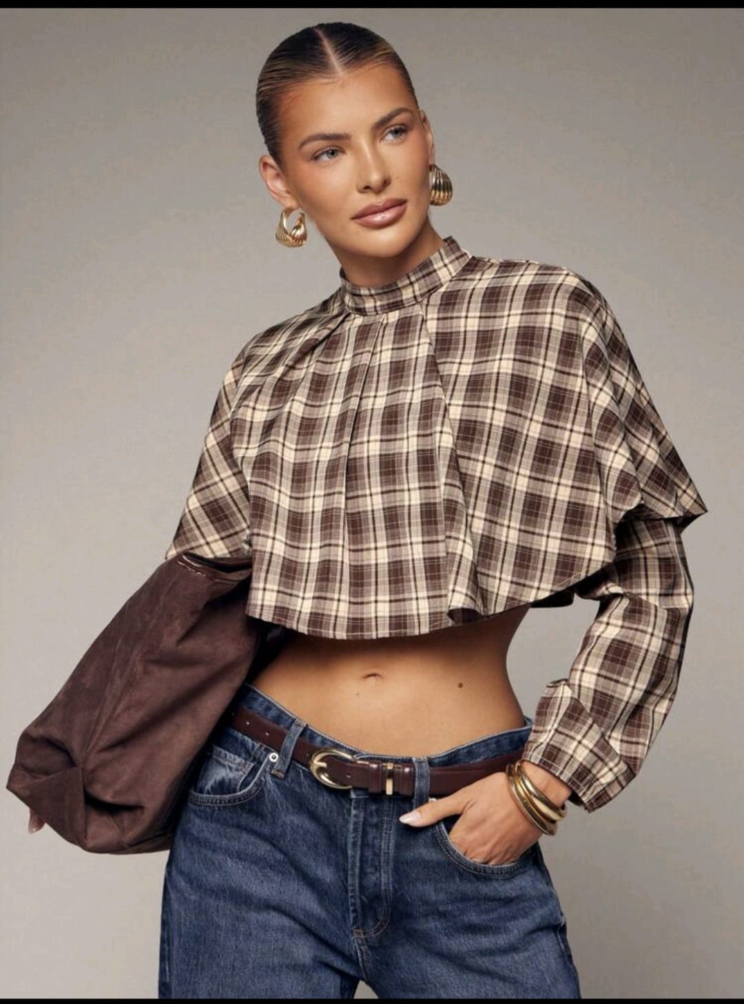 Plaid Crop Cape With Long Sleeves UK-10